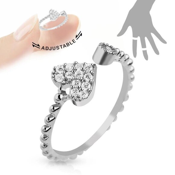 ADJUSTABLE RHODIUM PLATED BRASS MULTI-PAVED GEMS HEART MID-RING/TOE-RING - Picture 1 of 1
